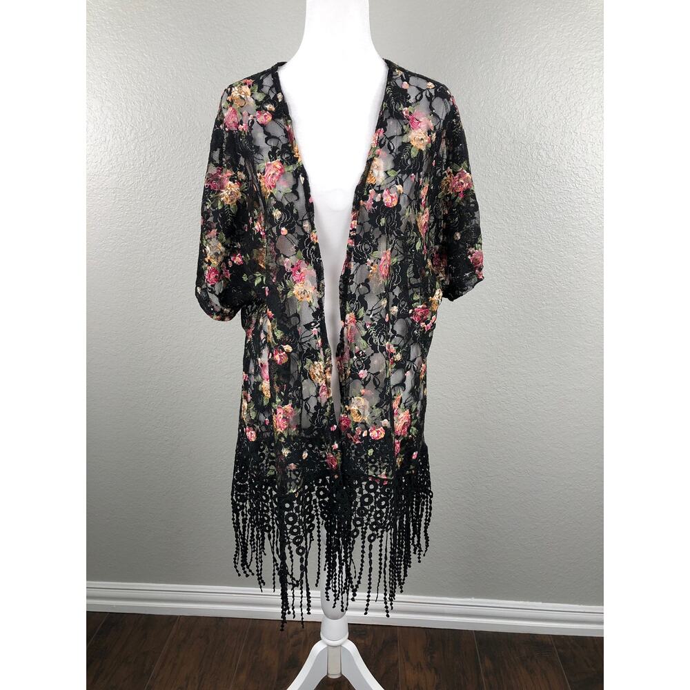 Sweet Rain Black Floral Lace Kimono